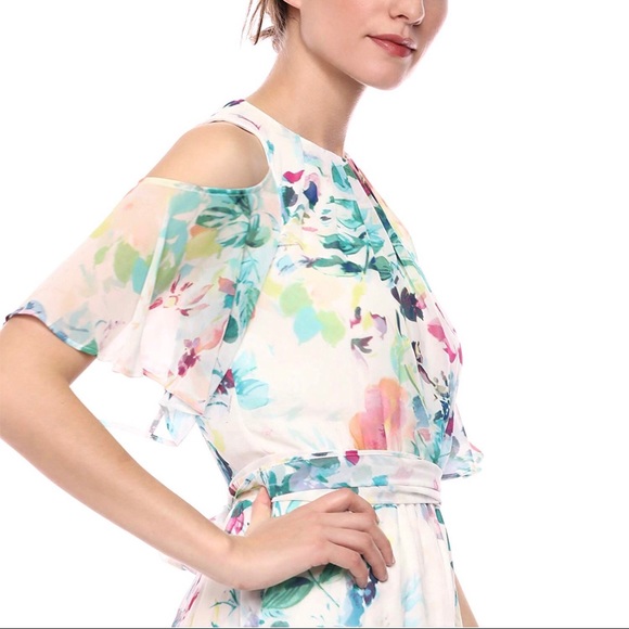 Calvin Klein Cold Shoulder Floral Chiffon Dress - Picture 3 of 5